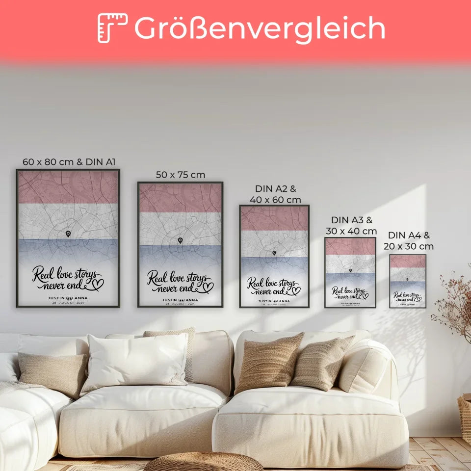 Personalisiertes Stadtkartenposter für Paare Urlaub Niederlande Real Love Storys Never End