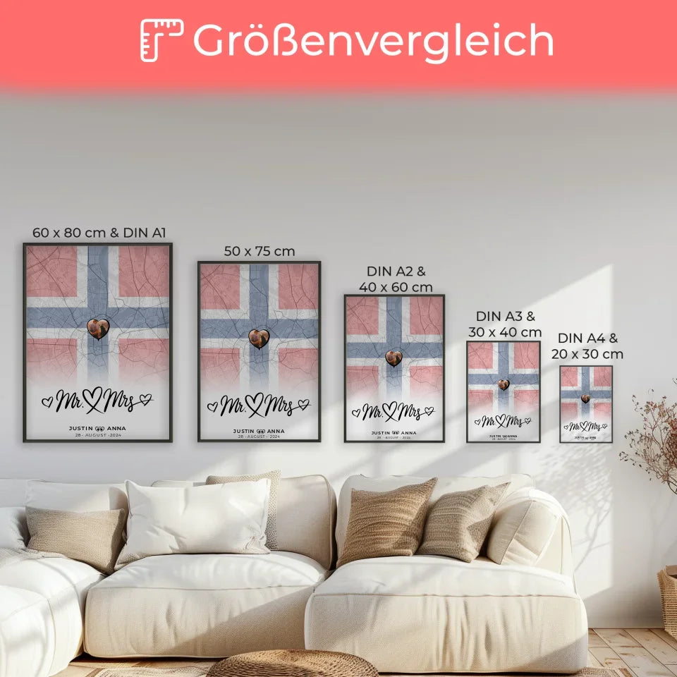 Personalisiertes Foto Poster Paare Stadtkarte Norwegen Mr & Mrs