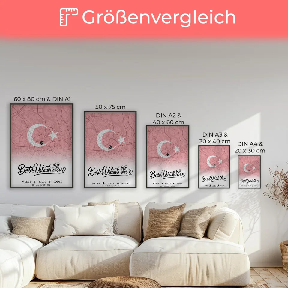 Personalisiertes Poster für Freundinnen Stadtkarte Urlaub Türkei Bester Urlaub Ever