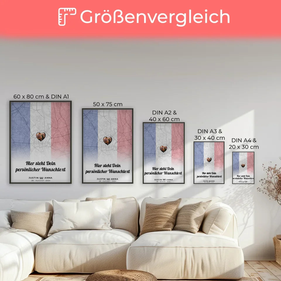 Personalisiertes Poster für Paare Stadtkarte Frankreich mit Foto und Wunschtext