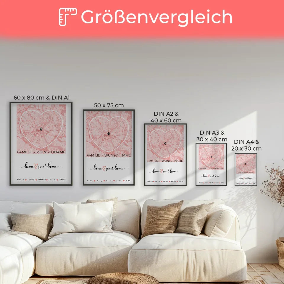 Personalisiertes Familien Poster Stadtkarte Herzform Home Sweet Home