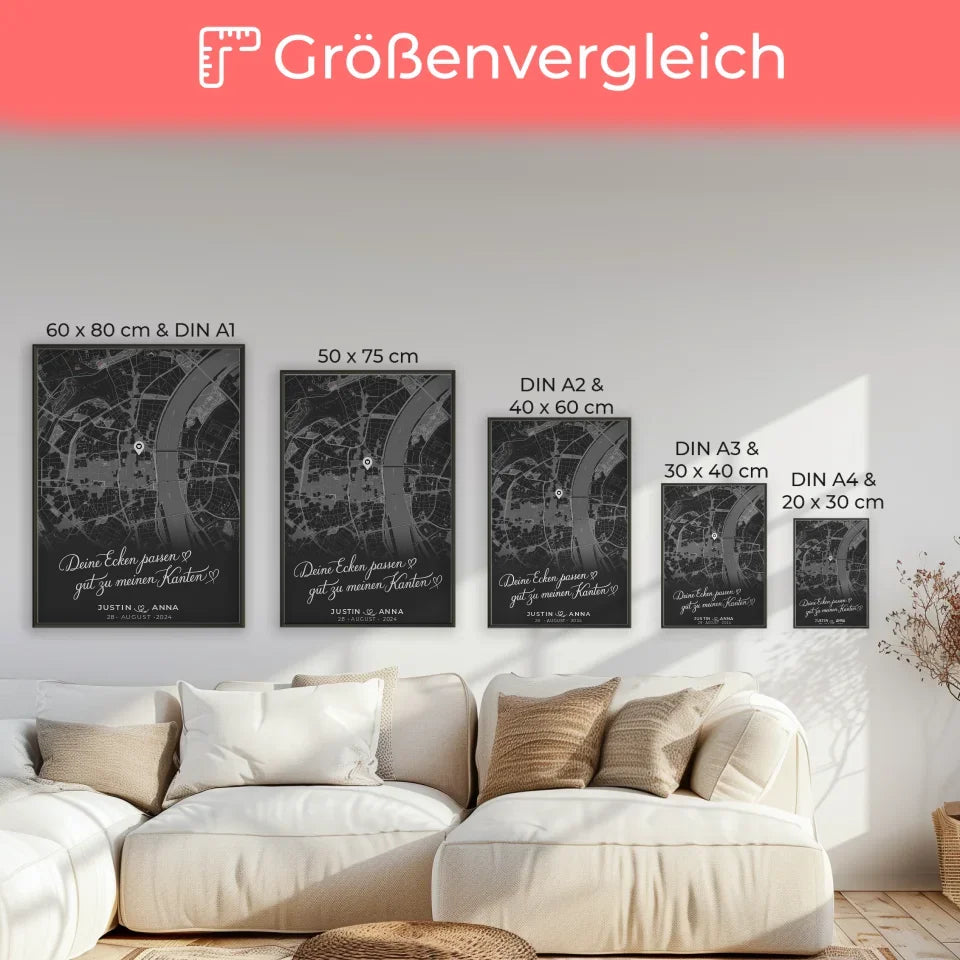 Personalisiertes Poster für Paare Dunkelgrau Stadtkarte Deine Ecken 7