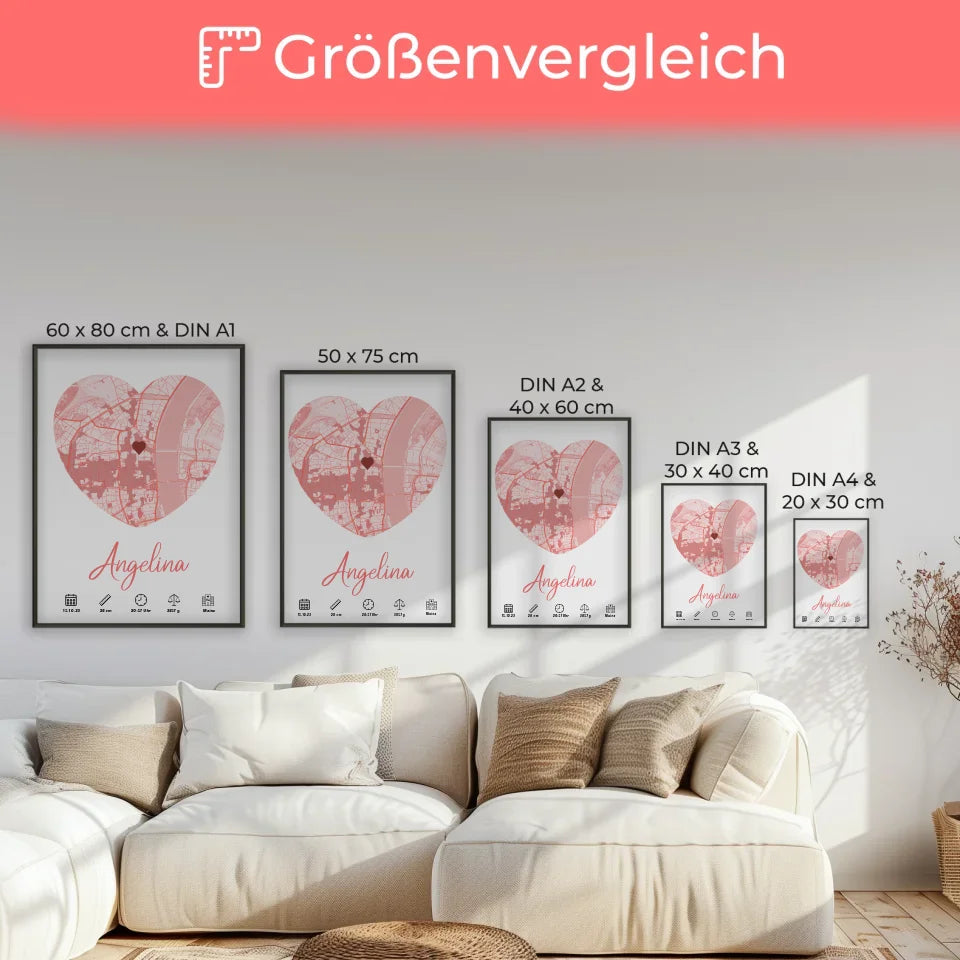 Personalisierte Poster Geburt Städtekarten mit Geburtsdaten Rot Mädchen 7