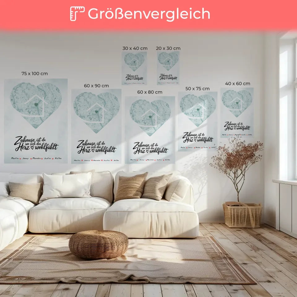 Personalisierte Leinwand Spruch Familie Stadtkarte Herz Form 6