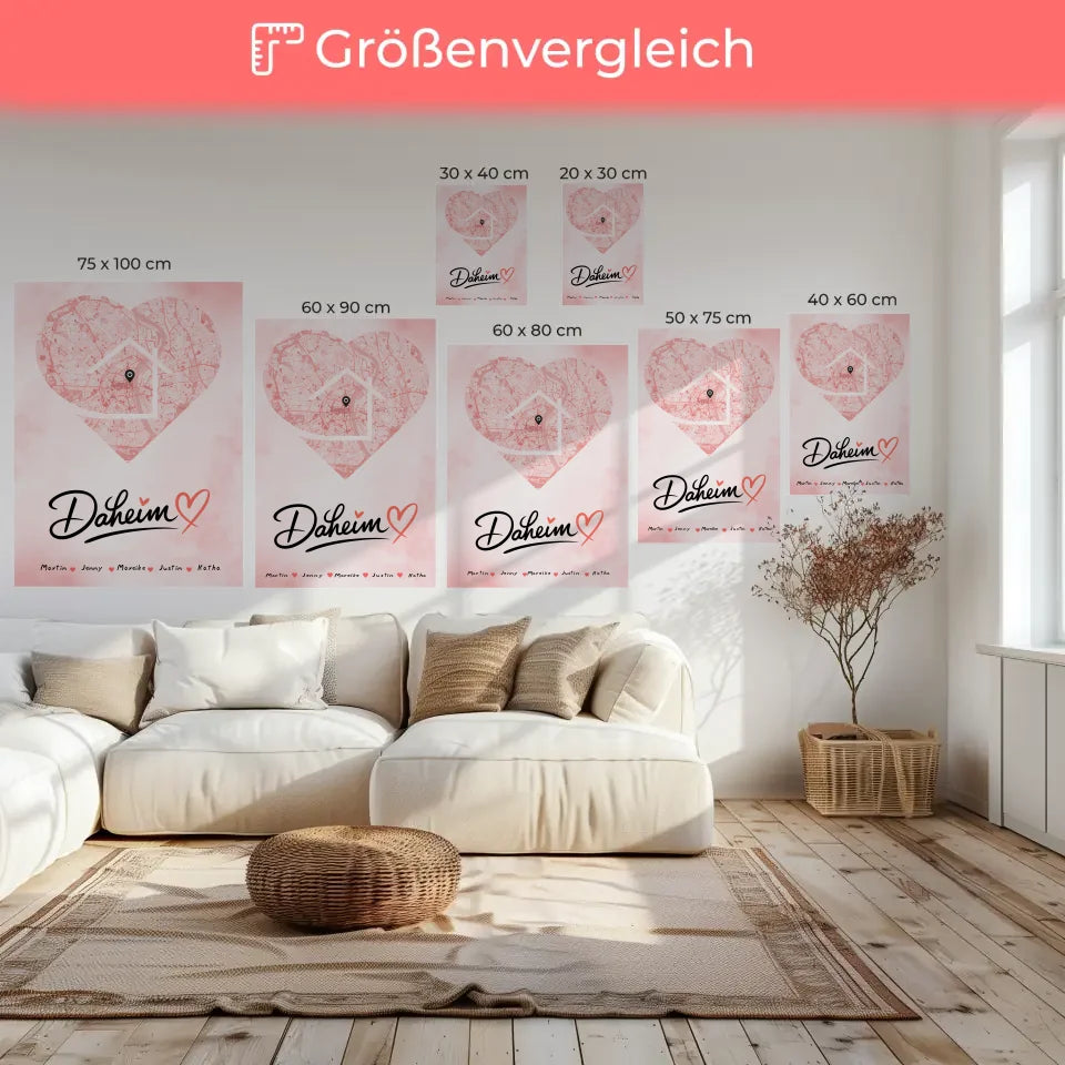 Personalisierte Leinwand Stadtkarte Familie Daheim Herz Form 6