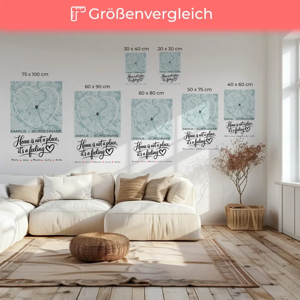 Personalisierte Leinwand Stadtkarte mit Spruch Familie Herzform 6