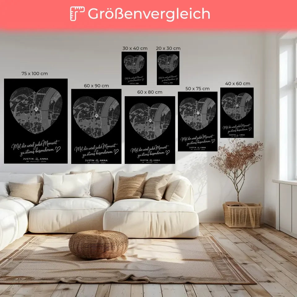 Personalisierte Leinwand Paare Stadtkarte Herzform Jeder Moment Geschenk 6