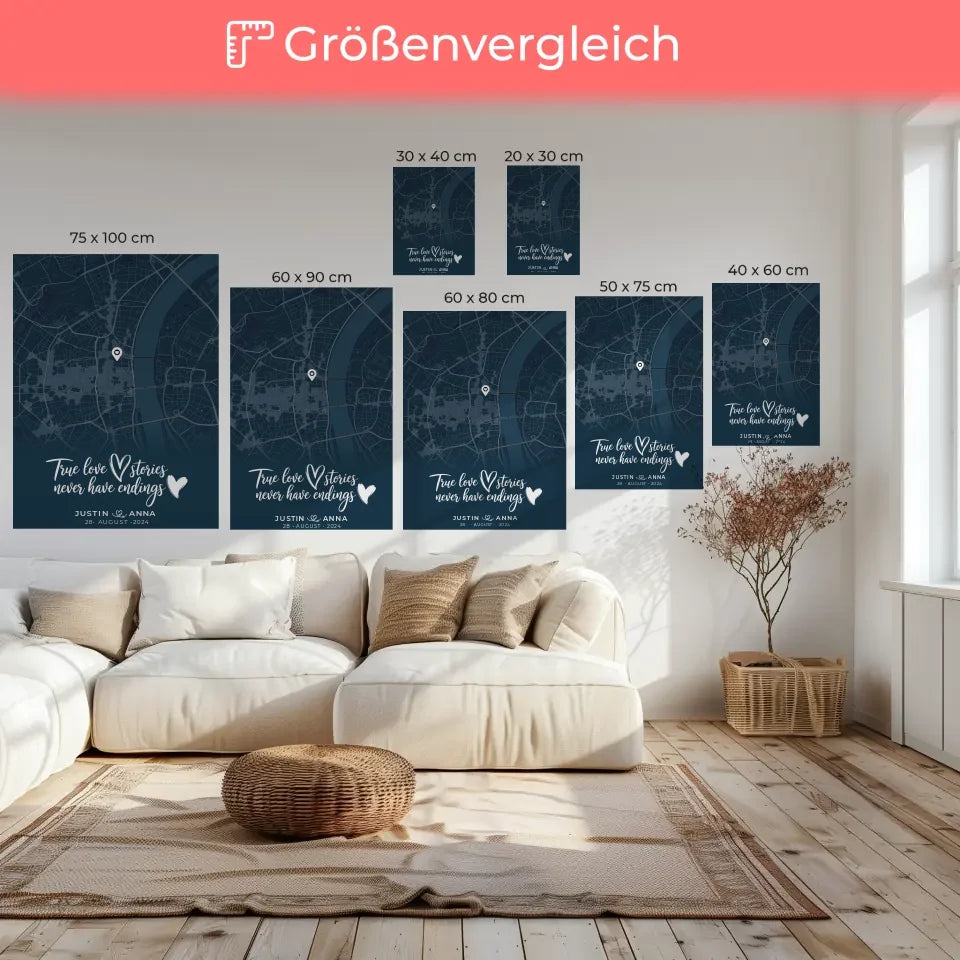 Personalisierte Leinwand Liebes Leinwand Paare Stadtkarte Blau True Love Stories 6