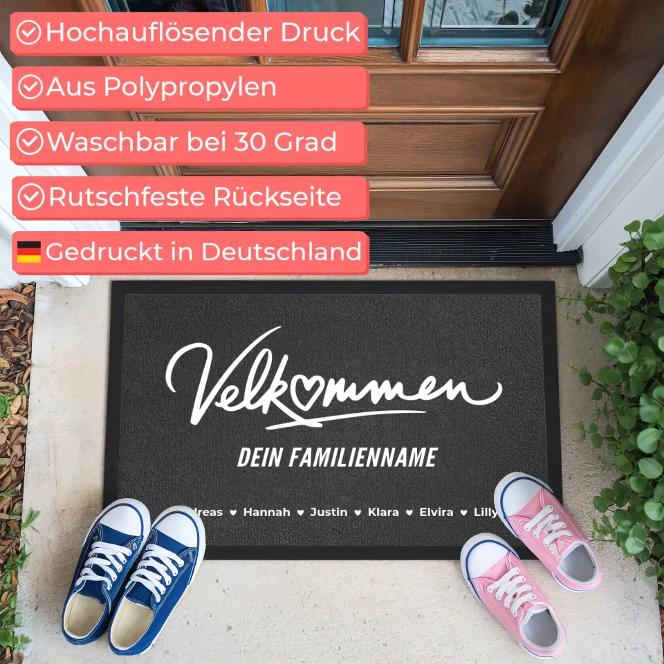 Individuelle Fußmatte für Familien mit Namen Willkommen auf Dänisch Velkommen 3