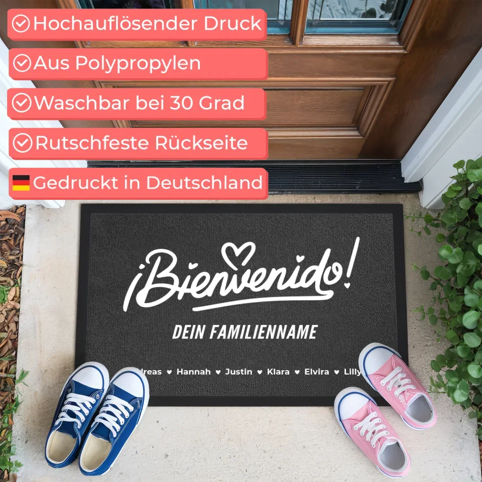 Personalisierte Fußmatte mit Familien Nachname Willkommen ¡Bienvenido! Mit Namen 3