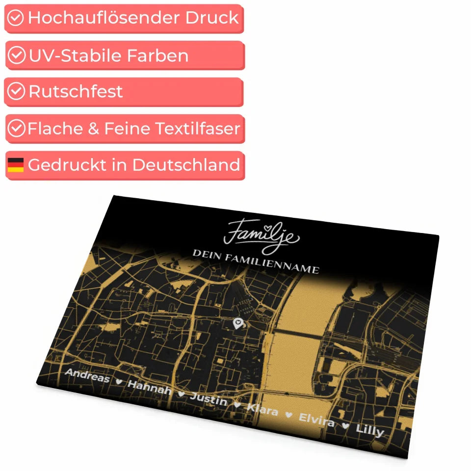 Fußmatte personalisiert Familie Stadt Karte Üdvözöljük Schwarz Gold 4