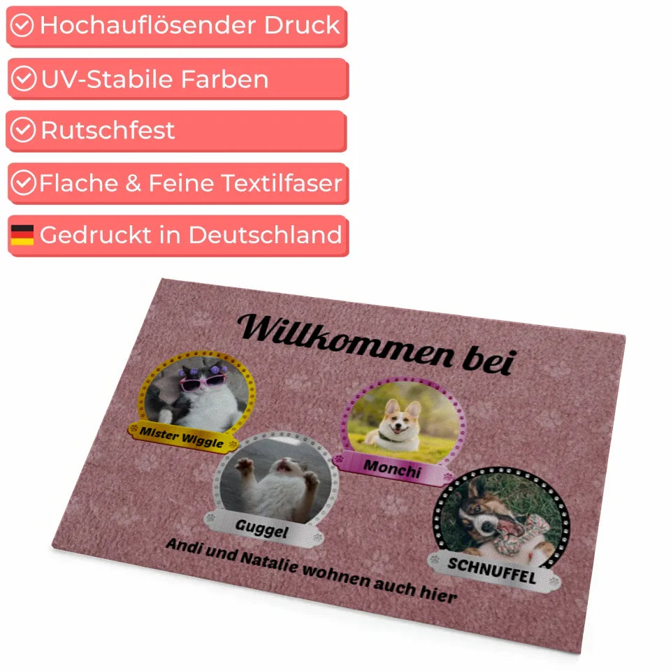 Personalisierte Haustier Fußmatte mit Hundebild Willkommen Bei 3 Hunden 4