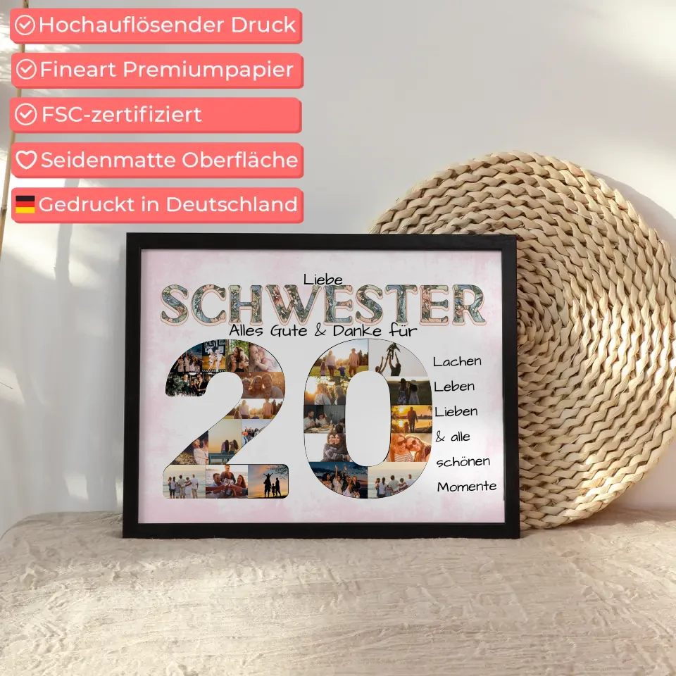Personalisiertes Poster 20 Geburtstag für Schwester Schöne Momente