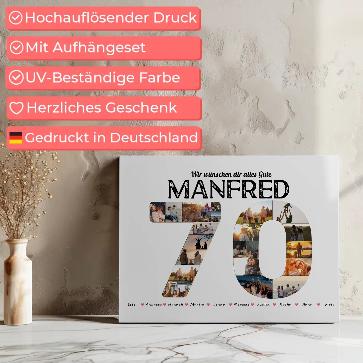 Leinwand personalisiert 70 Geburstag mit Name & Fotos in Zahlen 7
