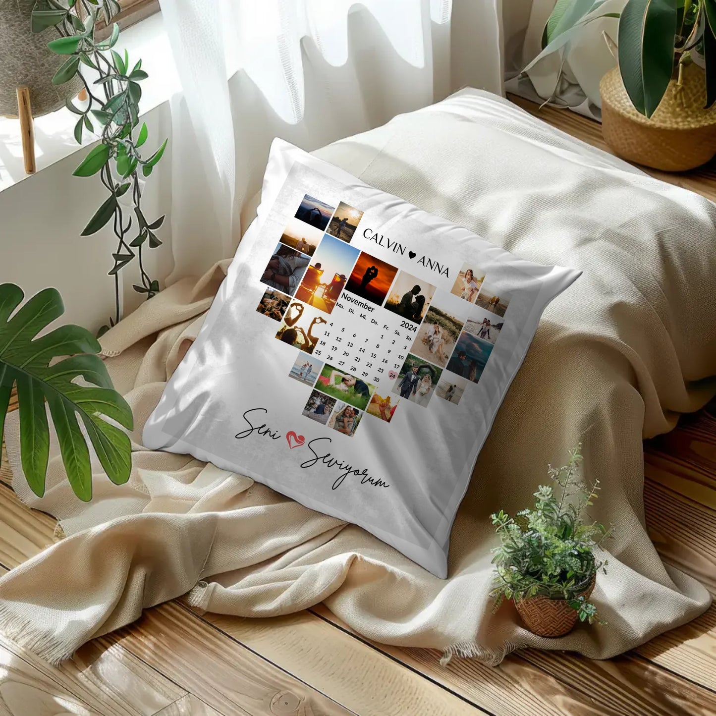 Paar Fotokissen Fotocollage mit Seni Seviyorum Motiv