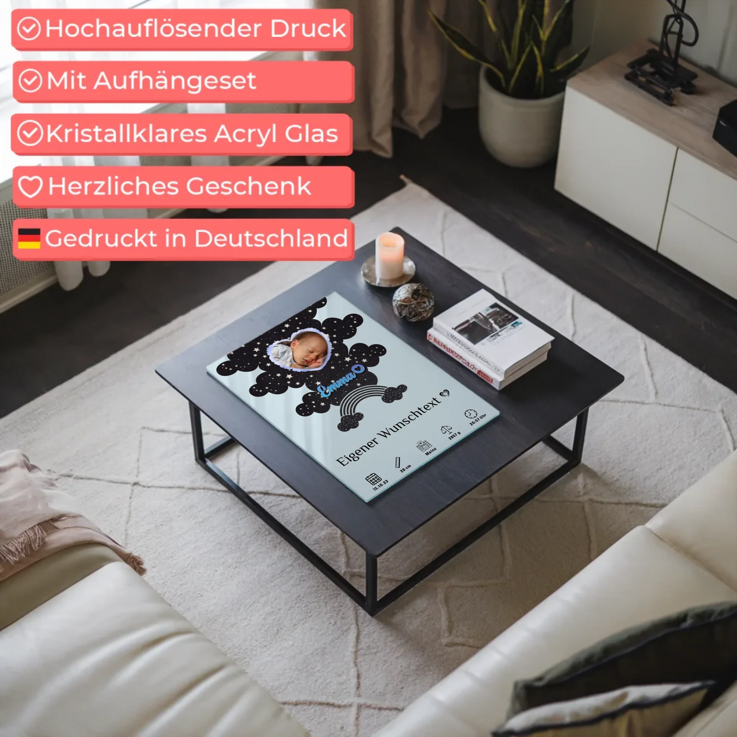 Personalisierte Acrylglas Foto Poster Geburt Herz MĂ€dchen