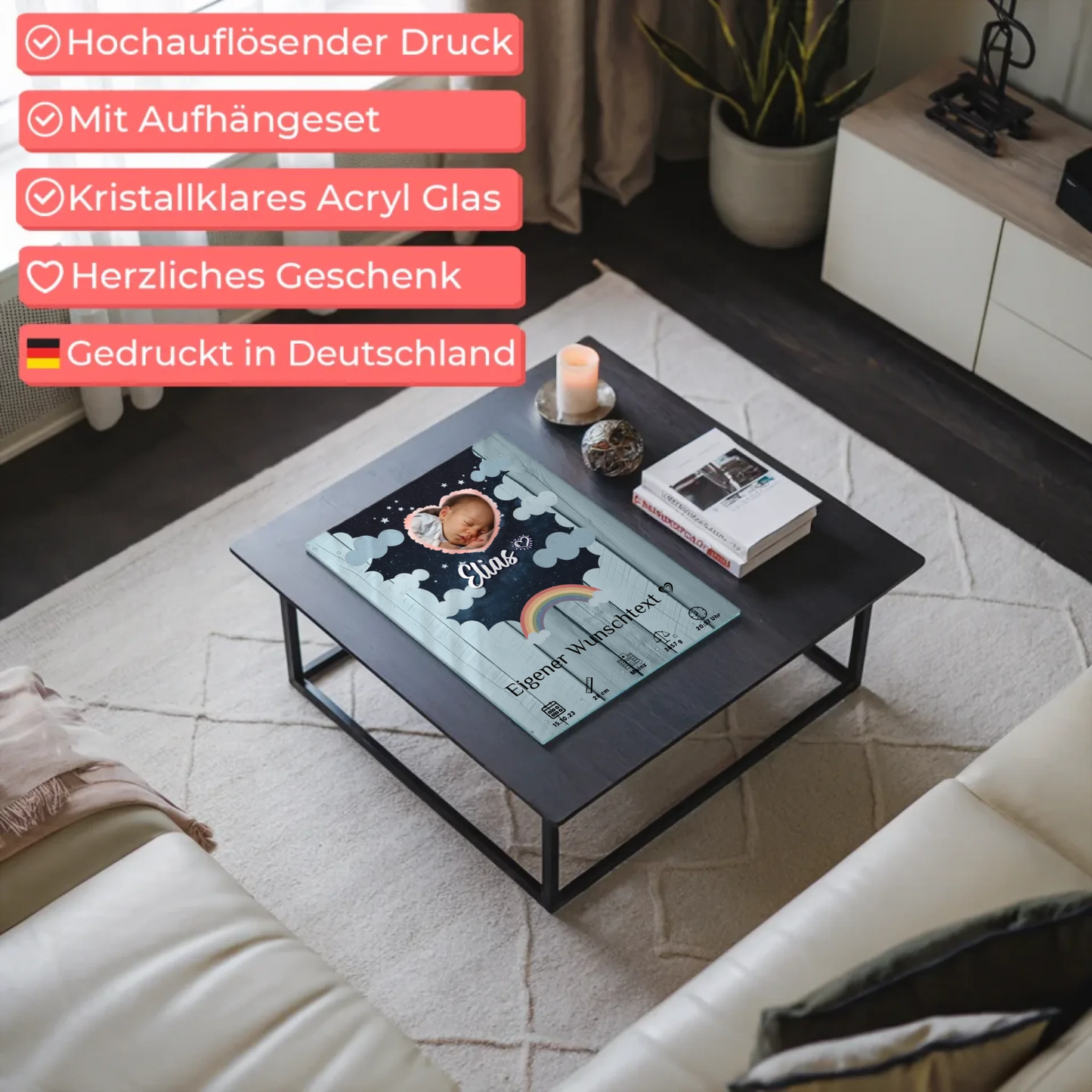 Herz Foto Geburtsposter Baby Acrylglas Holz Himmelblau