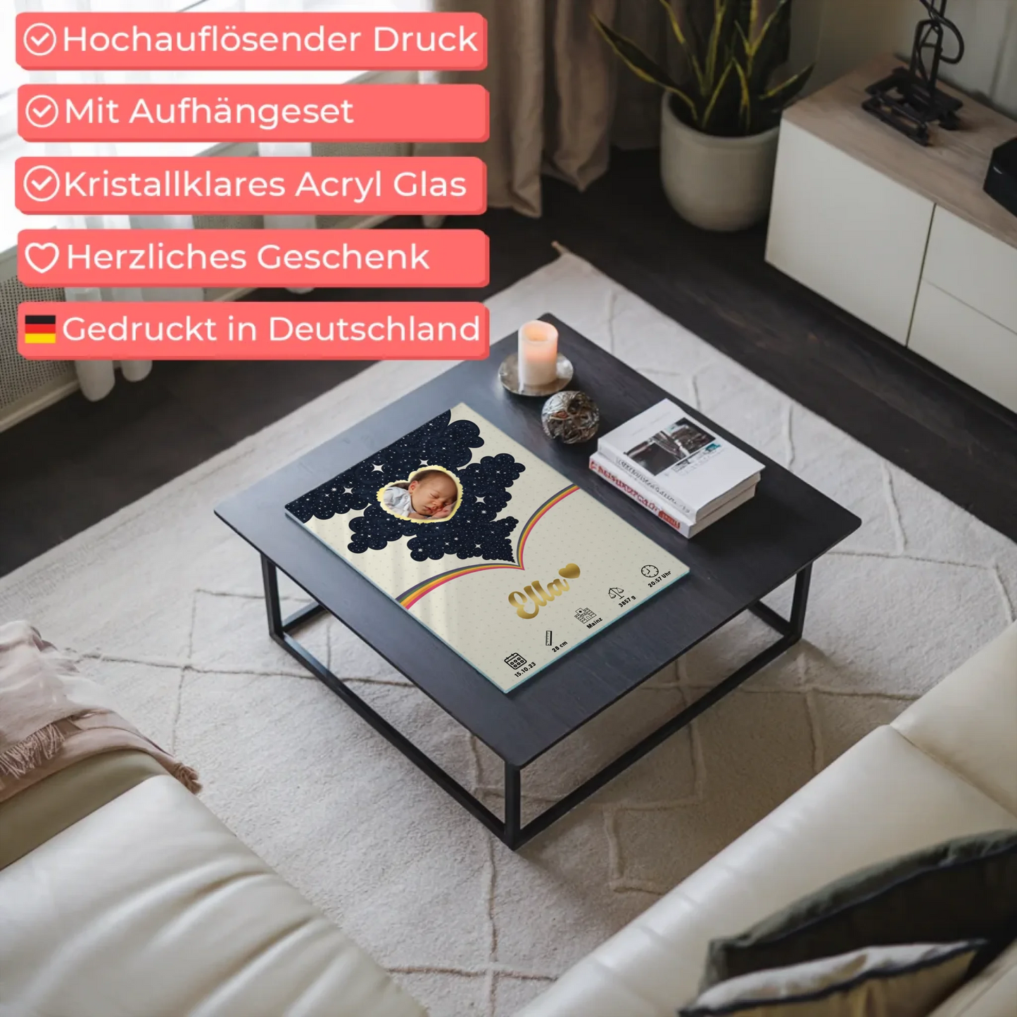 Acrylglas Bild Geburtsdaten Foto Herz personalisiert MĂ€dchen