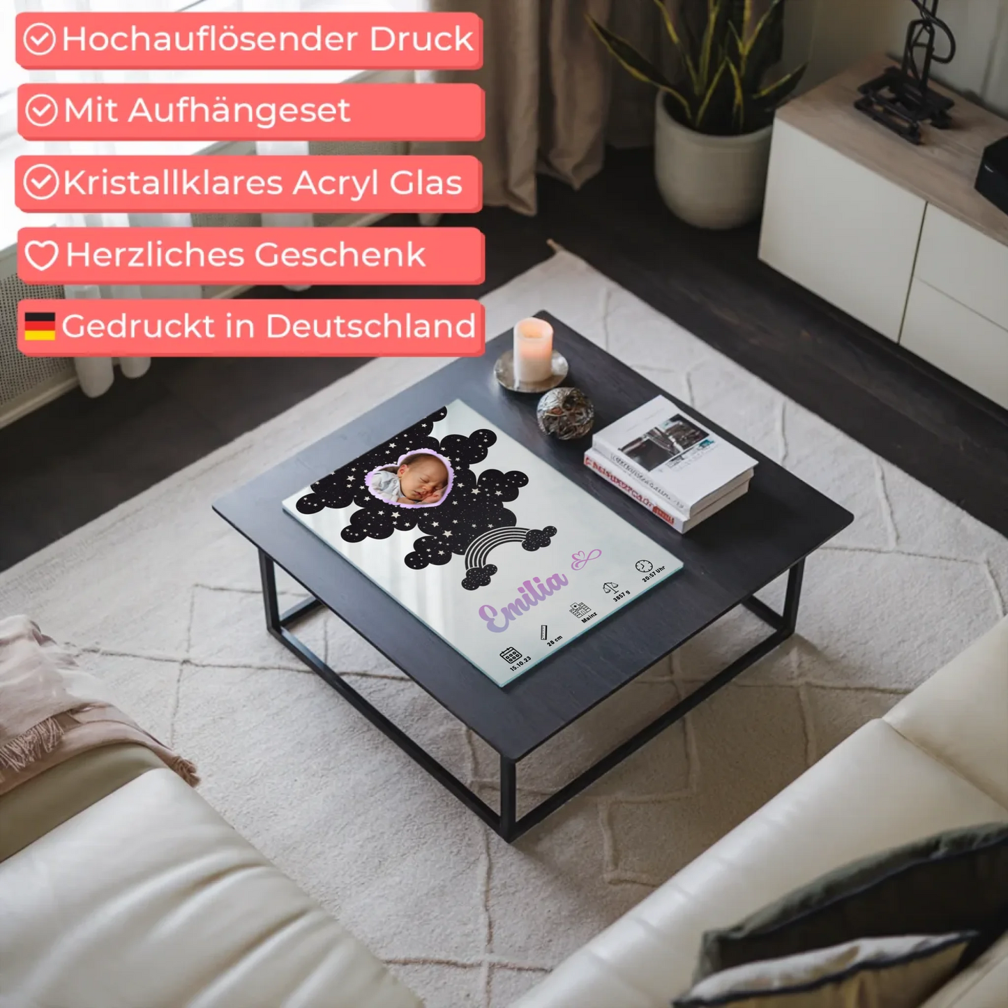 Herz Foto Geburtsposter Acrylglas Baby Mintgrün