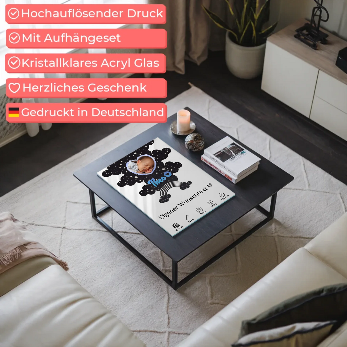 Personalisierte Acrylglas Foto Poster Geburt MĂ€dchen Jungen