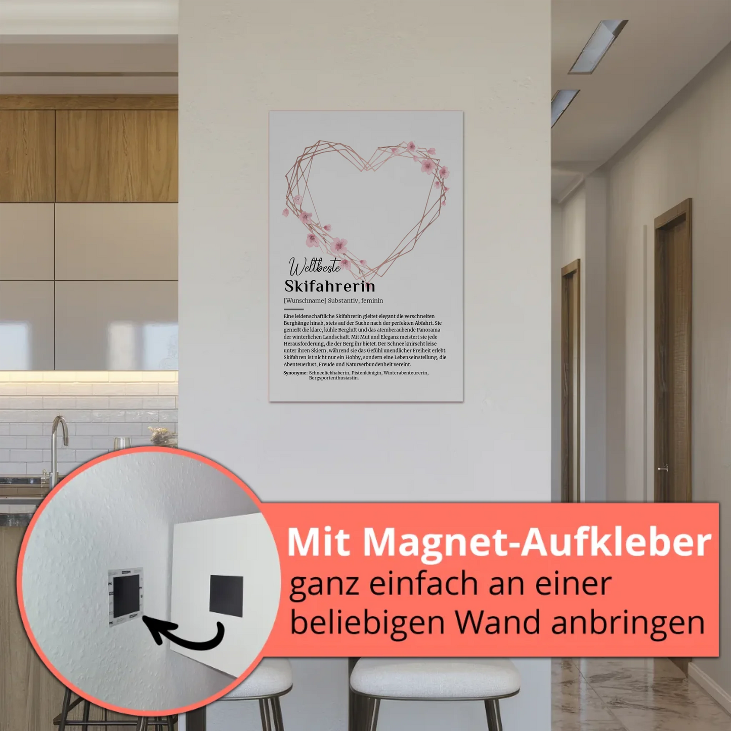 Fotoboard Magnet Wandbild Skifahrerin mit Namen Geschenk