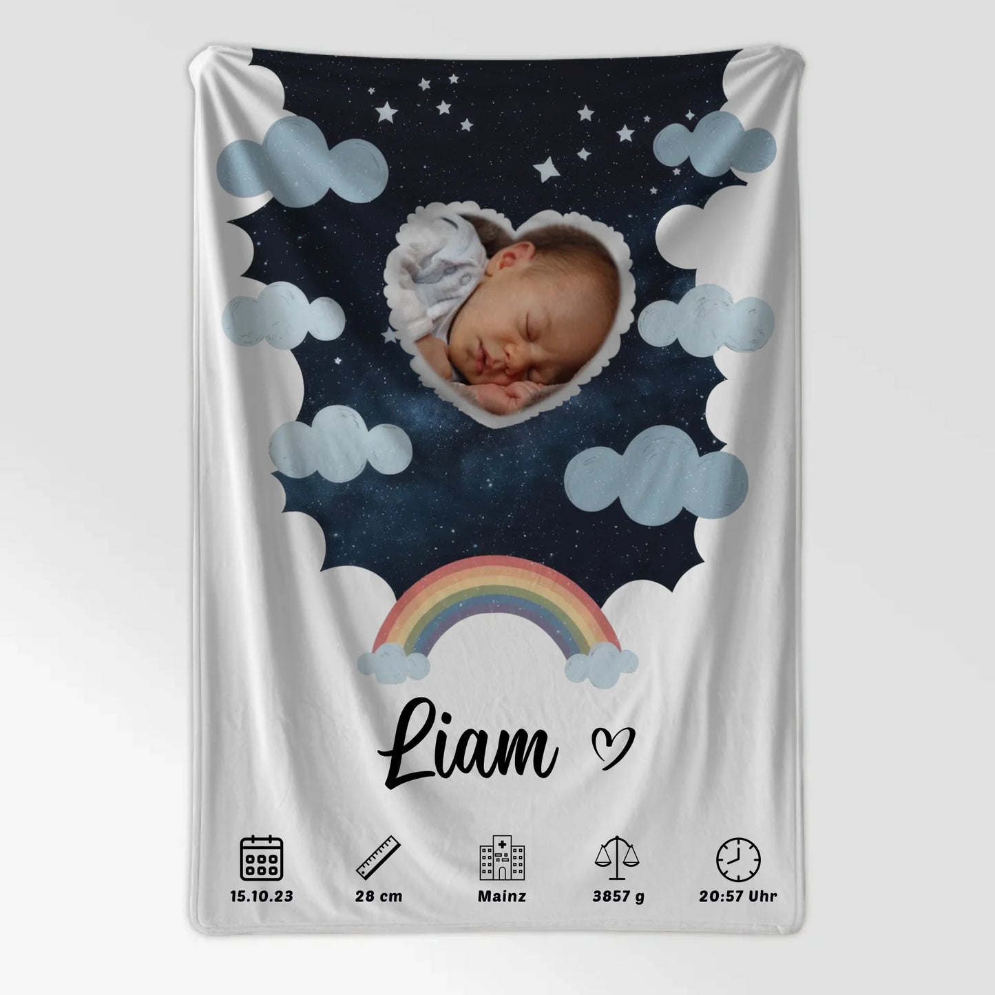 Babydecke mit Name Geburtsdatum Foto Herzform