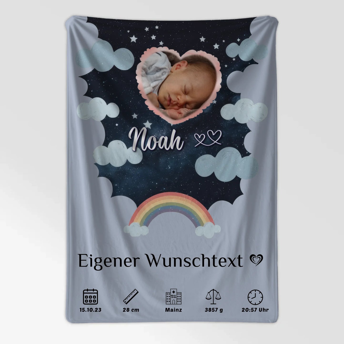 Babydecken Mit Namen Foto Herz Geburtsposter Punkte Blau
