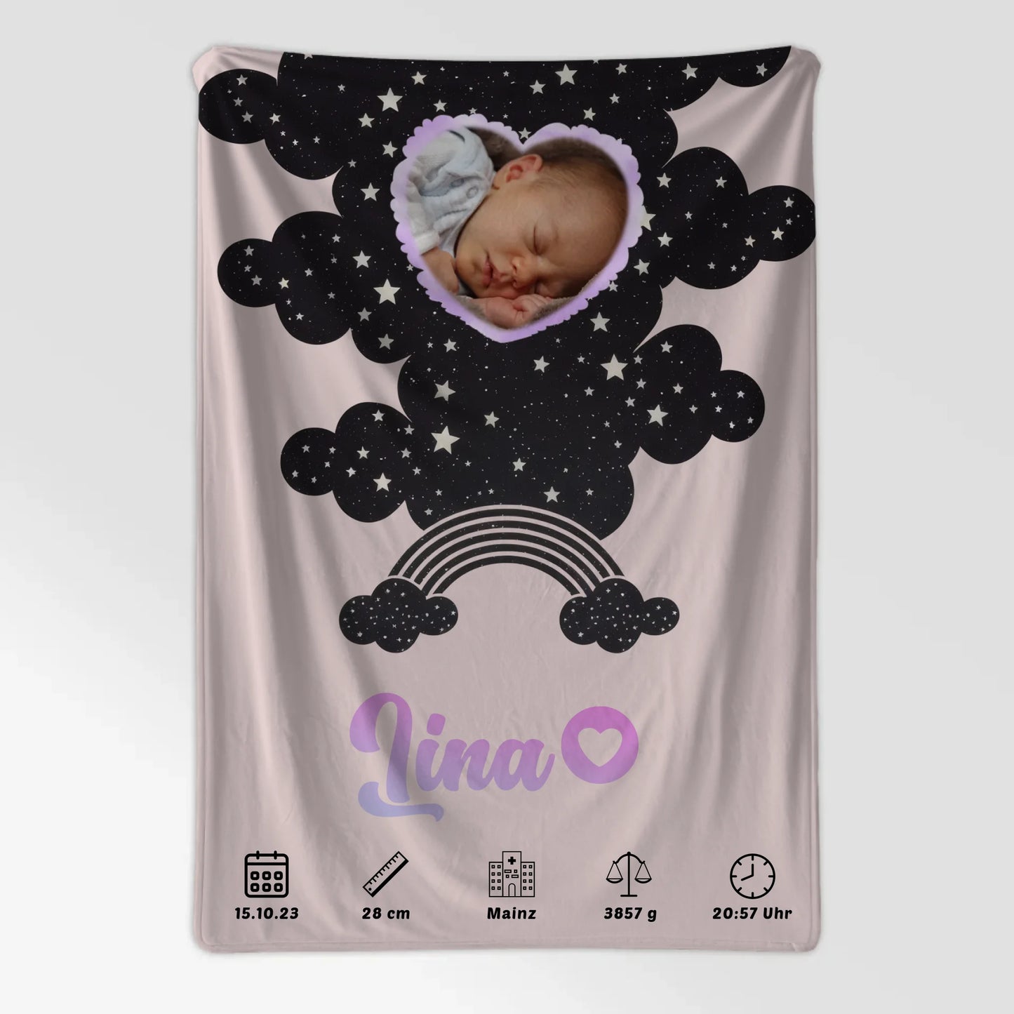 Babydecke Mit Namen Und Geburtsdatum Foto Herz personalisiert Geburtsposter Sternchen Mädchen