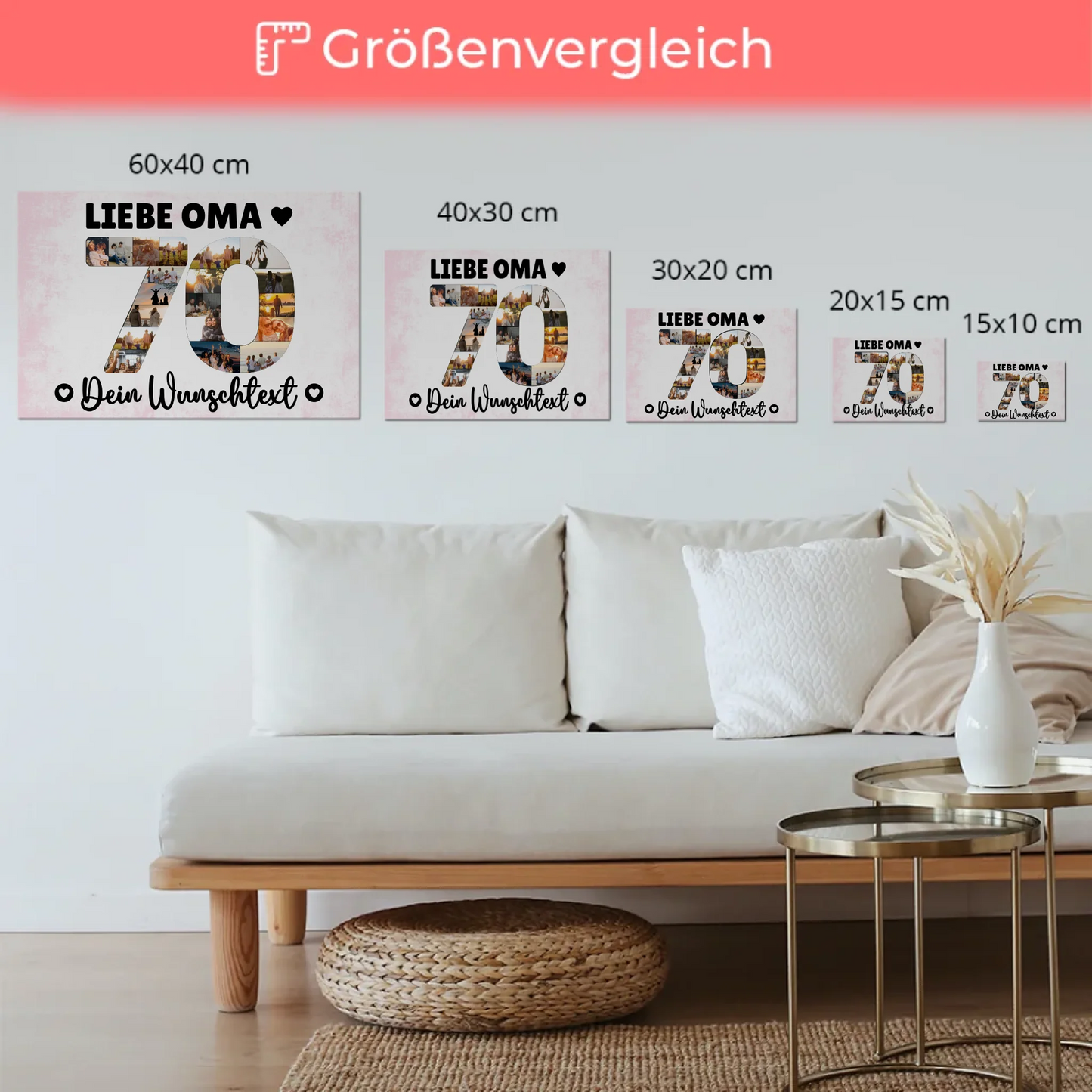Magnetisches Fotoboard Poster mit Wunschtext zum 70. Geburtstag Oma