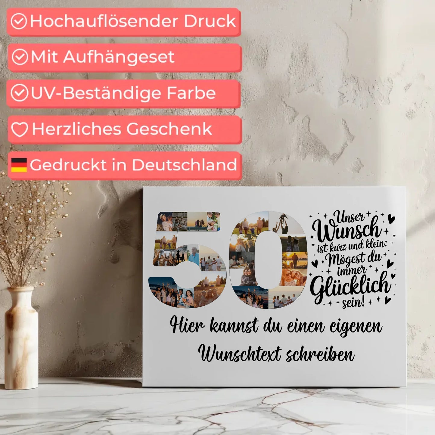 Personalisierte Fotoleinwand mit Wunschtext für 50 Geburtstag