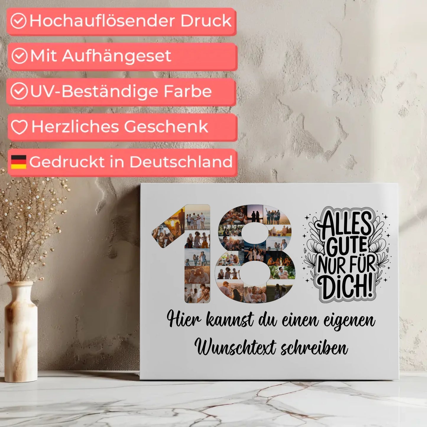 Personalisierte Fotoleinwand mit Wunschtext 18 Geburtstag Alles Gute für Dich