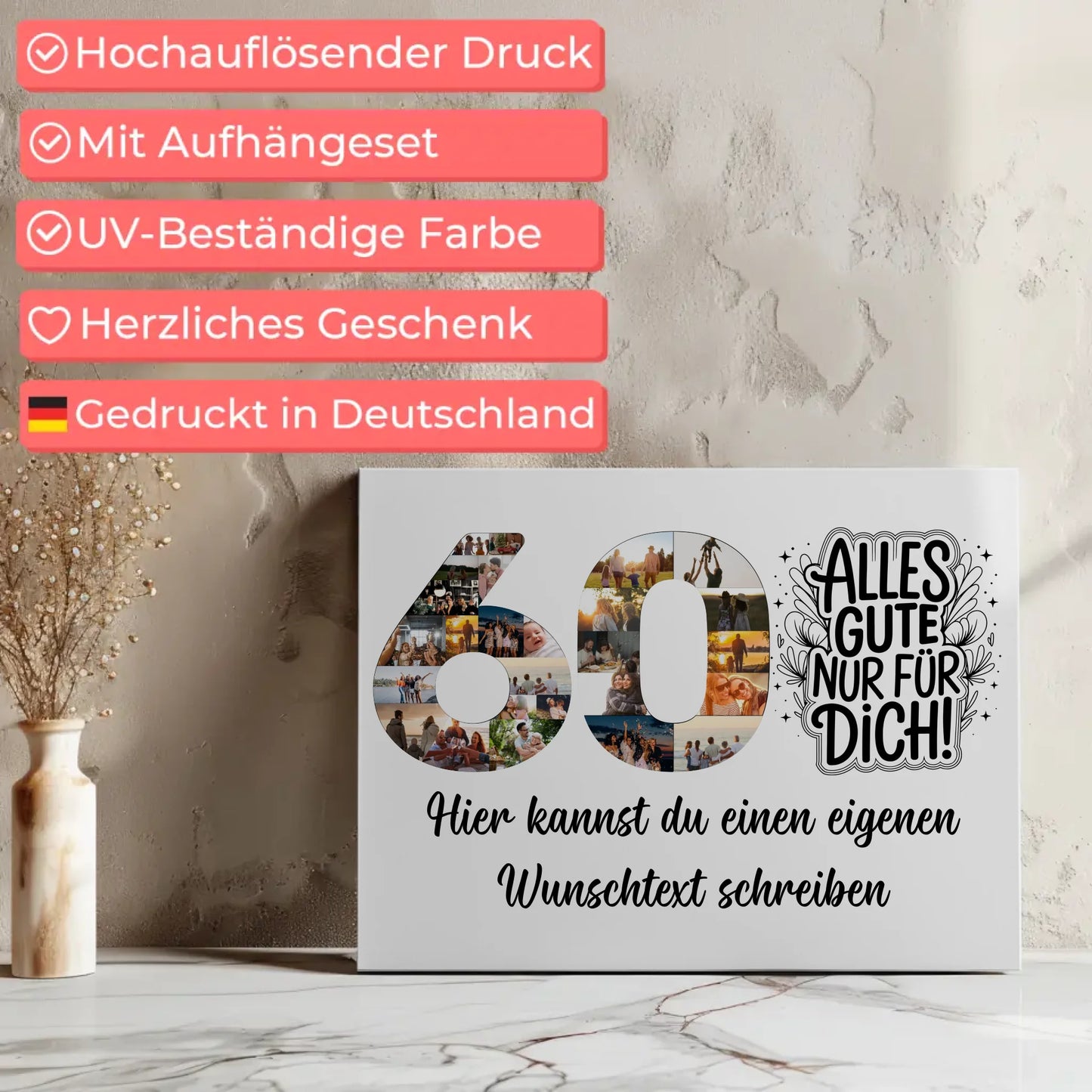 Personalisierte Fotoleinwand Wunschtext 60 Geburtstag Alles Gute für Dich