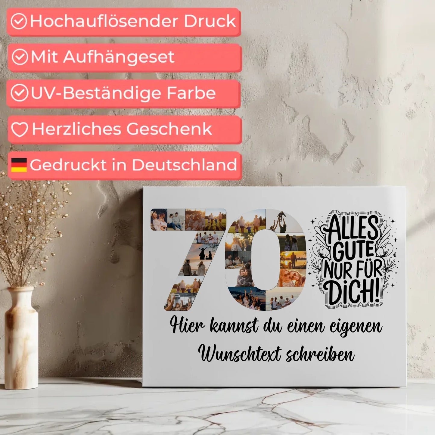 Personalisierte Fotoleinwand Wunschtext 70 Geburtstag Alles Gute für Dich