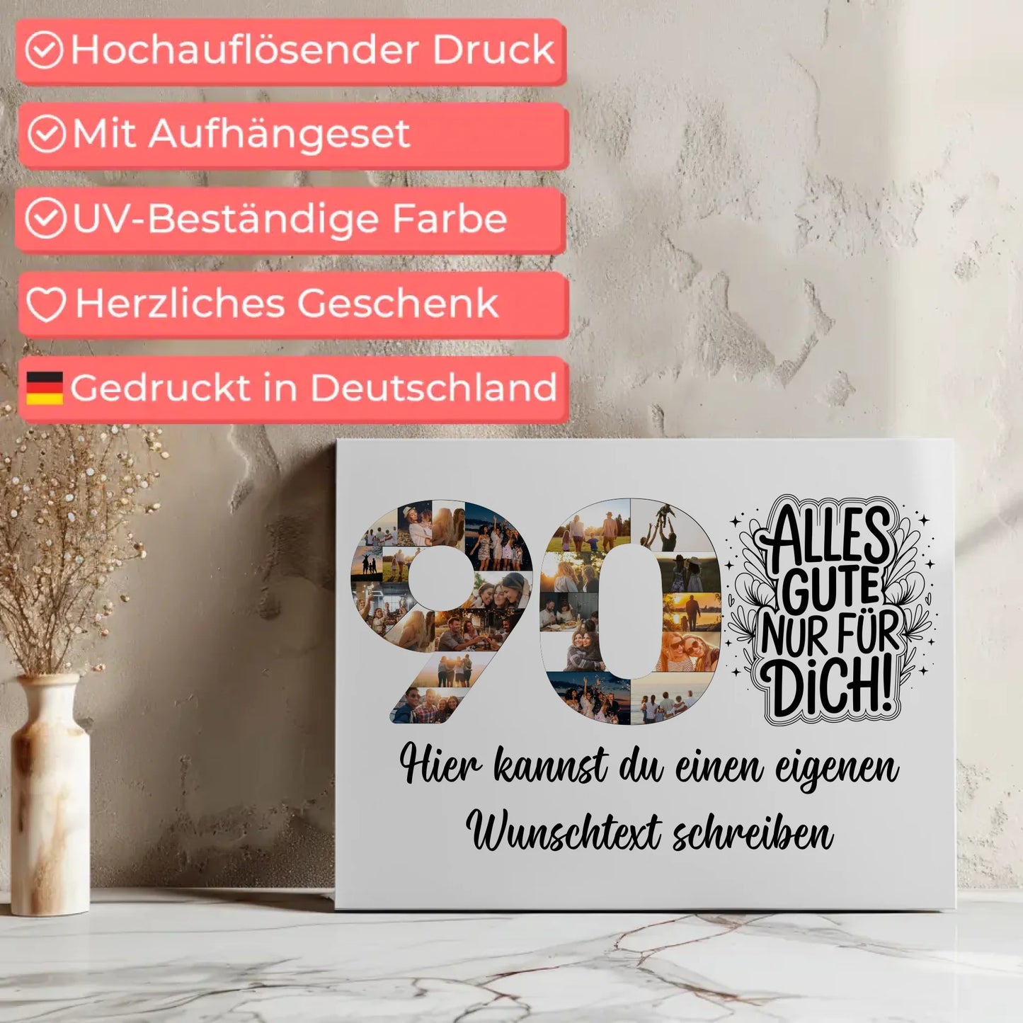 Personalisierte Fotoleinwand Wunschtext 90 Geburtstag Alles Gute
