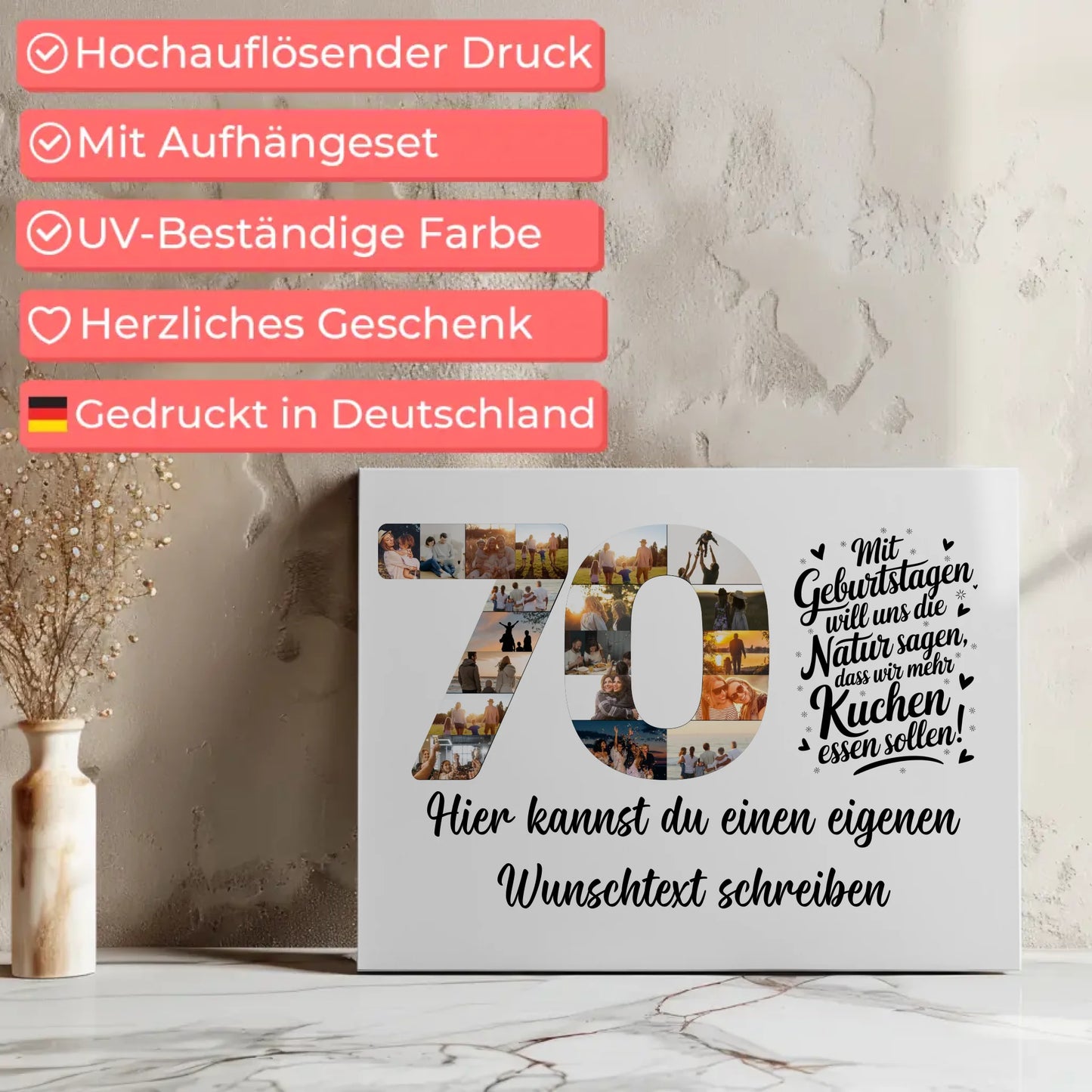 Personalisierte Fotoleinwand Wunschtext 70 Geburtstag Mehr Kuchen