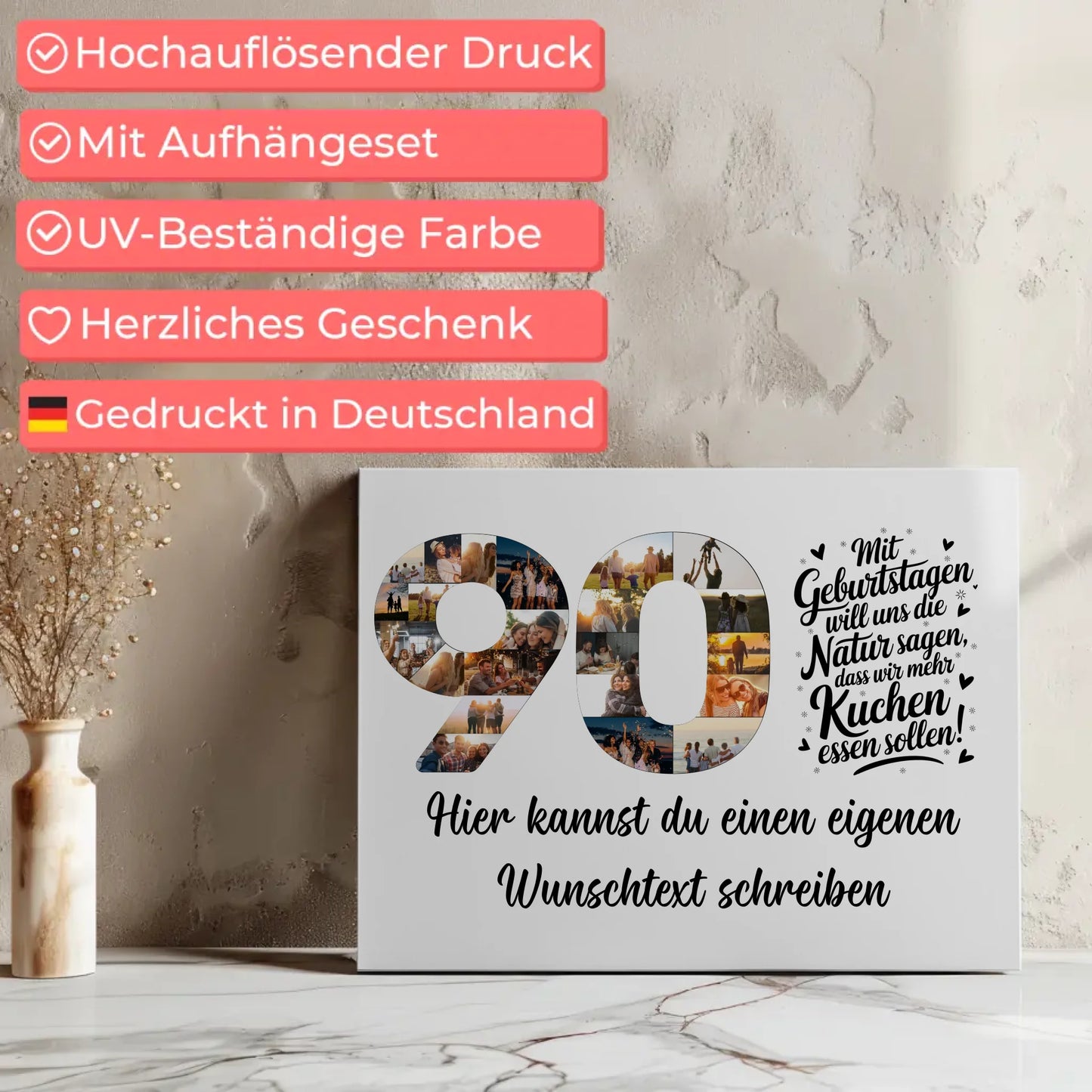 Personalisierte Fotoleinwand mit Wunschtext 90 Geburtstag Mehr Kuchen