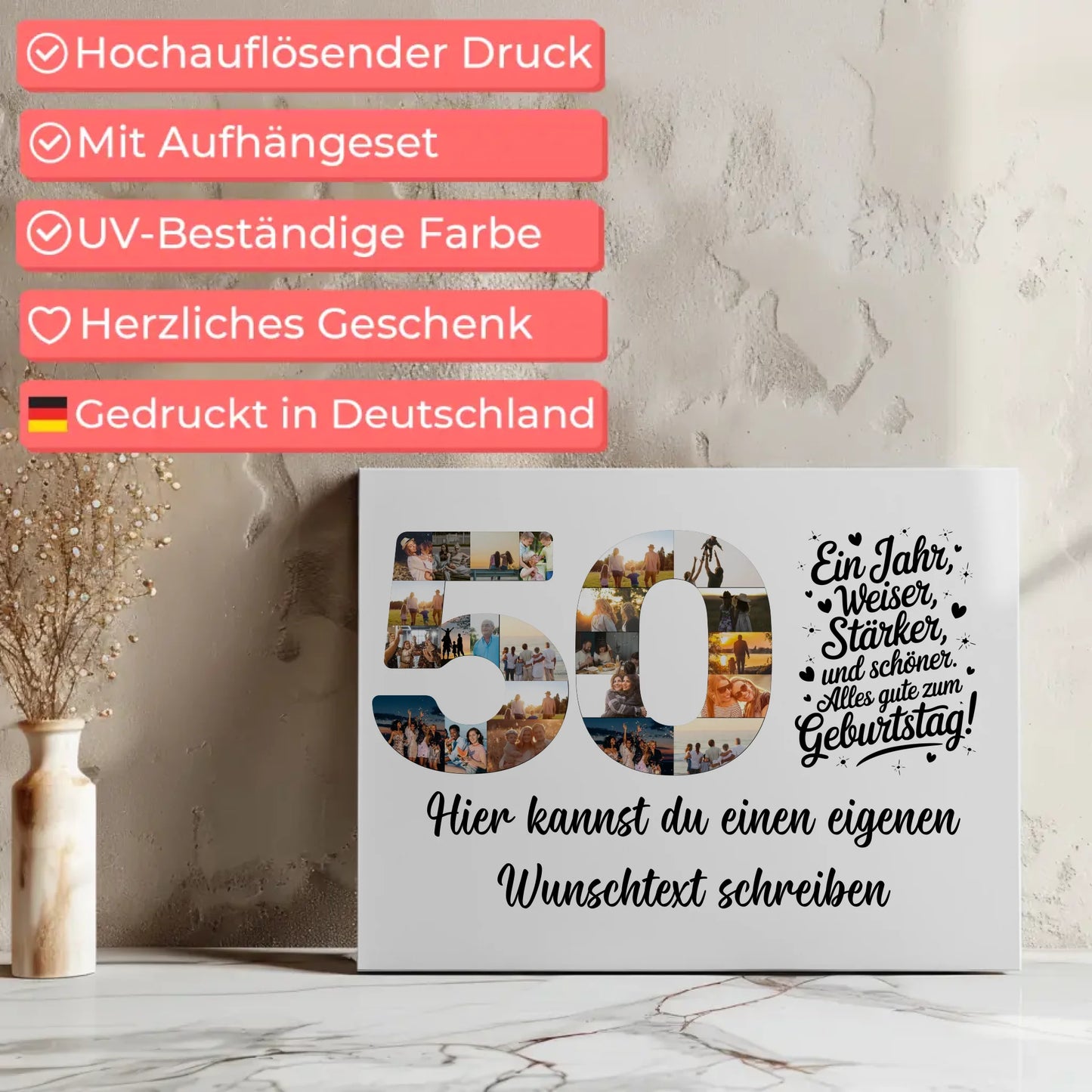 Personalisierte Fotoleinwand Wunschtext 50 Geburtstag Weiser Staerker