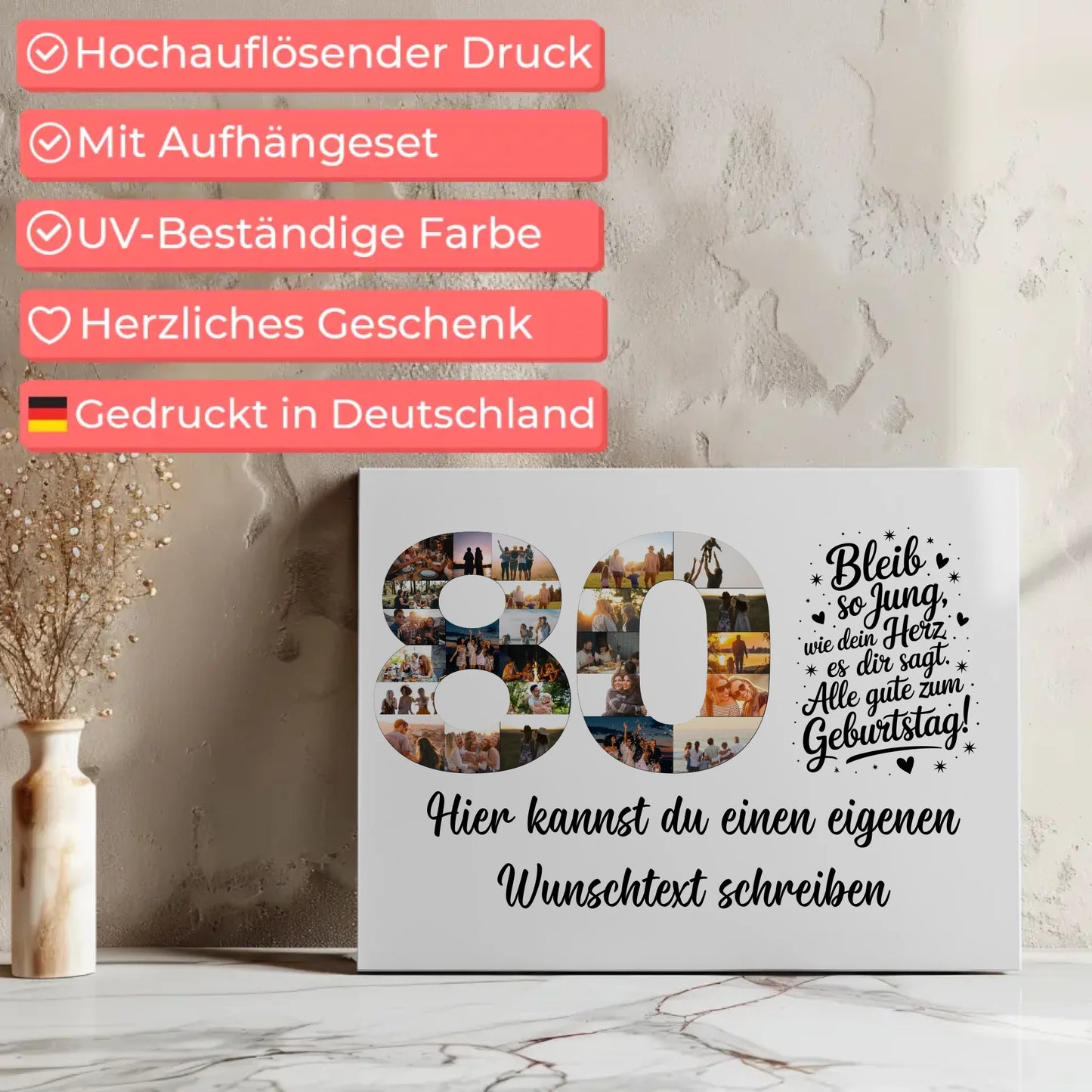 Personalisierte Fotoleinwand mit Wunschtext 80 Geburtstag Bleib so Jung