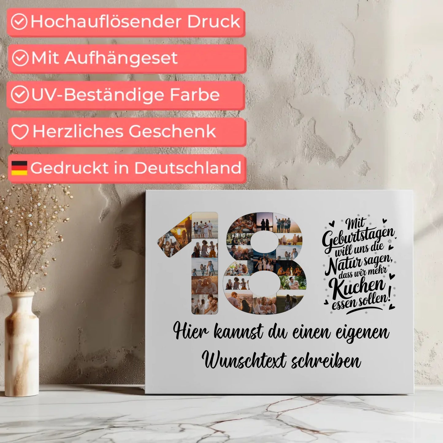 Personalisierte Fotoleinwand mit Wunschtext zum 18 Geburtstag Mehr Kuchen