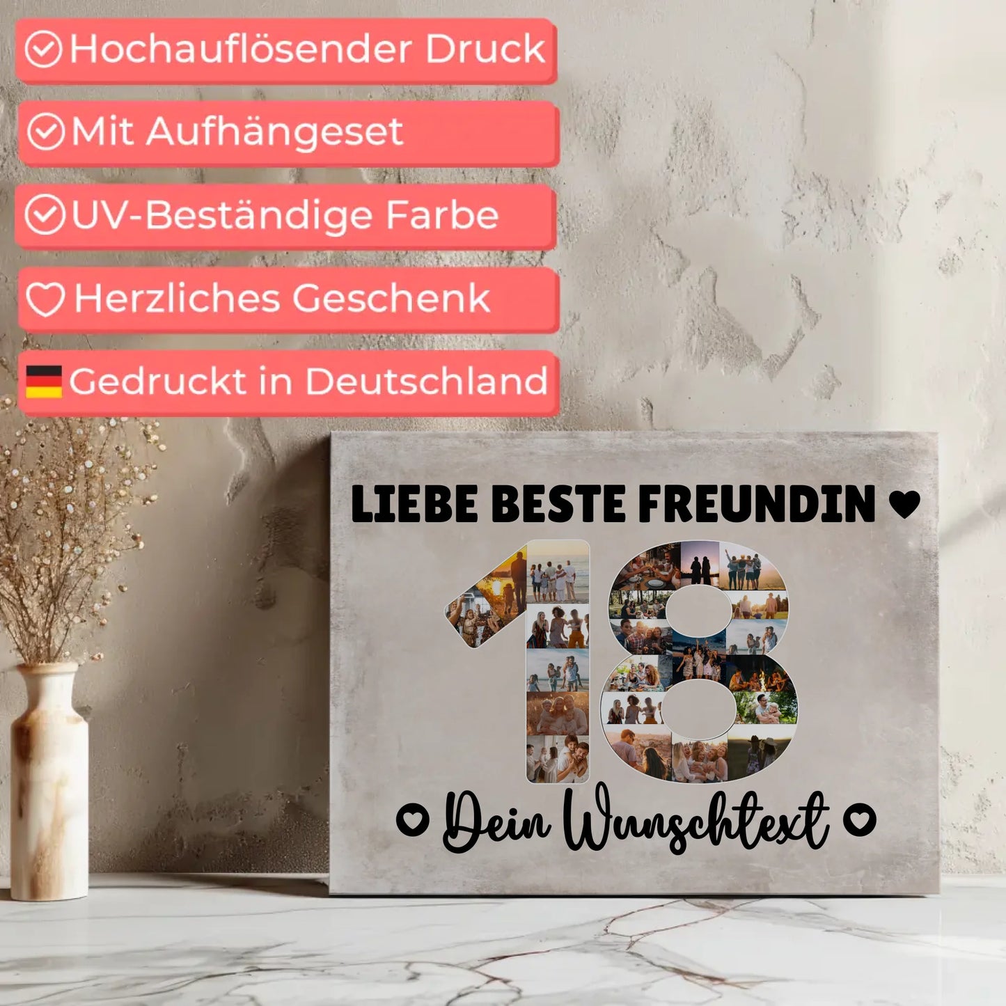 Personalisierte Fotoleinwand mit Wunschtext für 18 Geburtstag beste Freundin