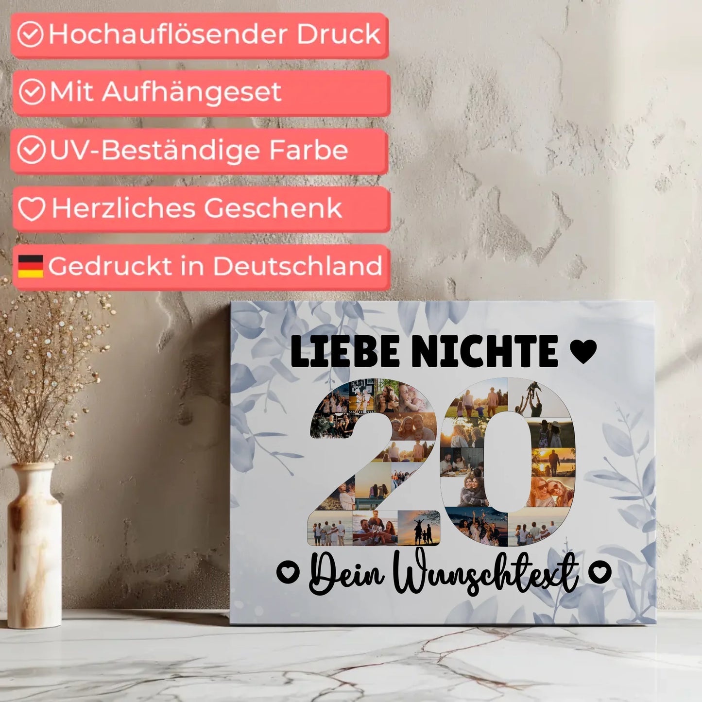 Personalisierte Fotoleinwand mit Wunschtext 20 Geburtstag Nichte