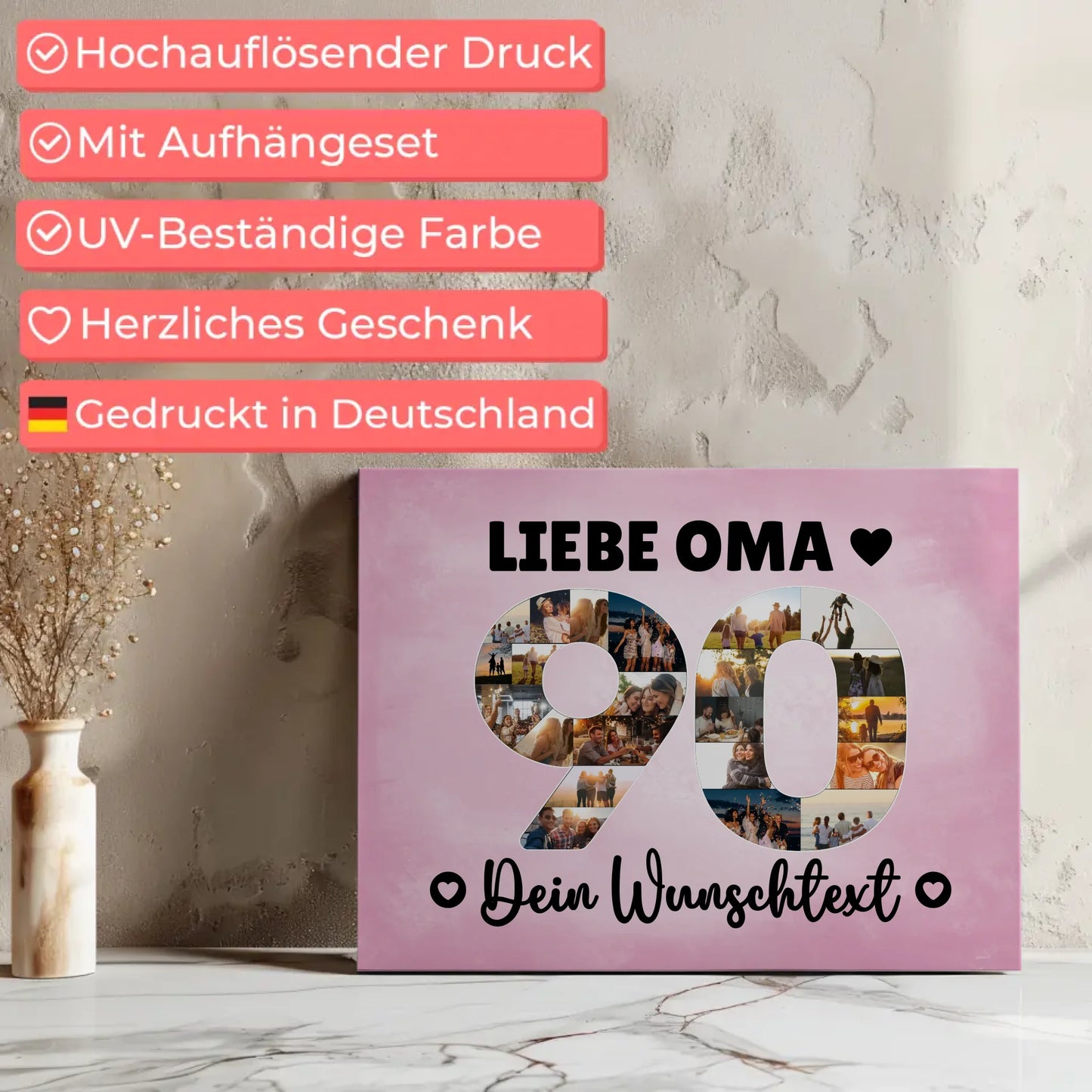 Personalisierte Fotoleinwand mit Wunschtext zum 90 Geburtstag Oma