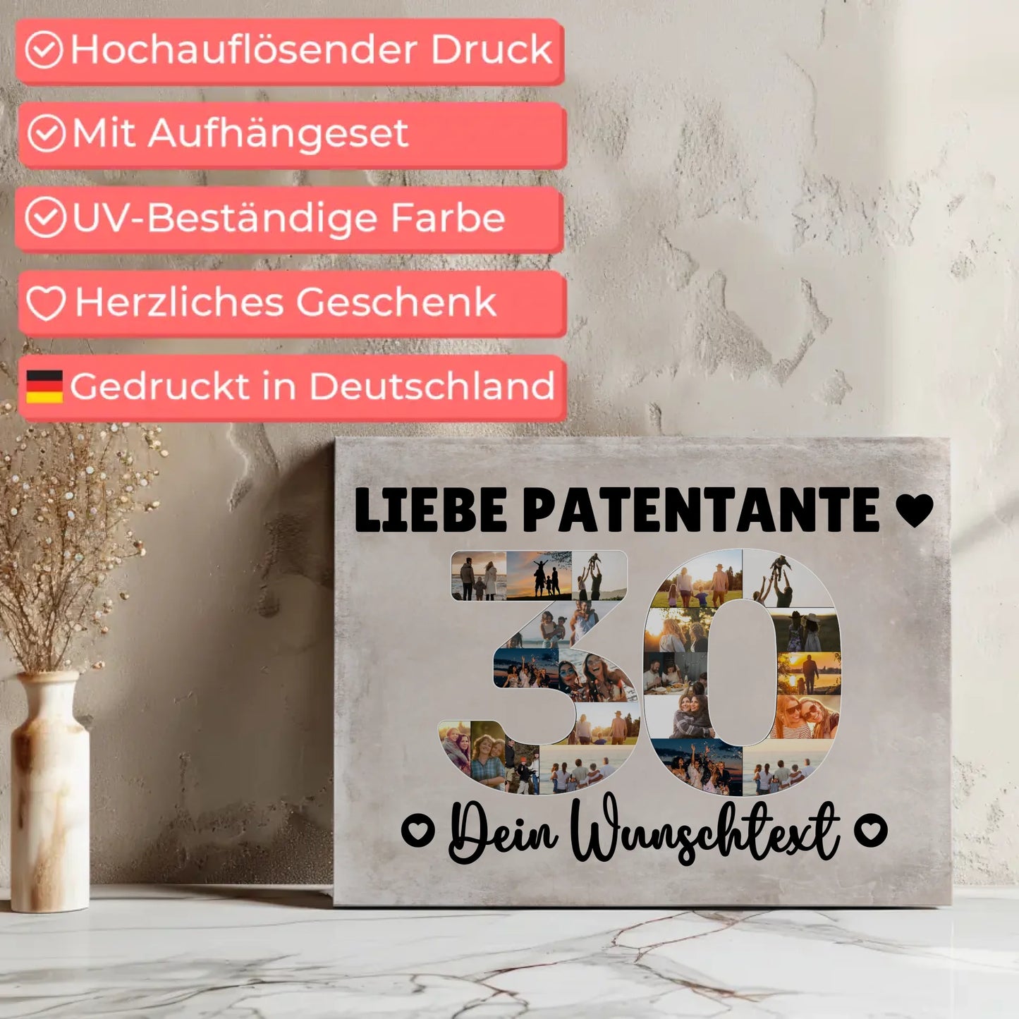 Personalisierte Fotoleinwand mit Wunschtext für 30. Geburtstag Patentante