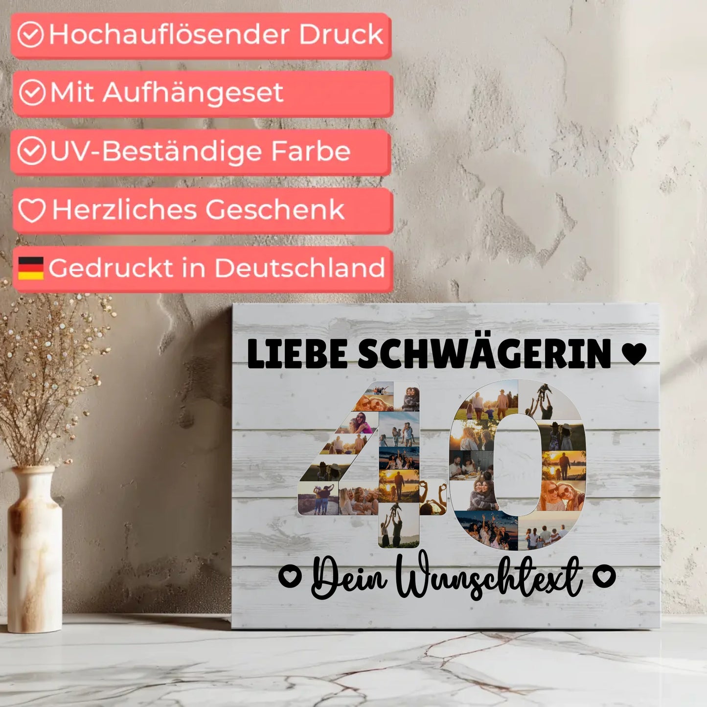 Personalisierte Fotoleinwand mit Wunschtext zum 40 Geburtstag Schwägerin