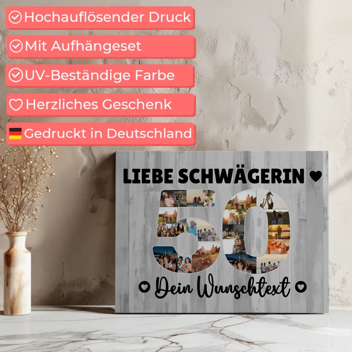 Personalisierte Fotoleinwand Wunschtext 50 Geburtstag Schwägerin