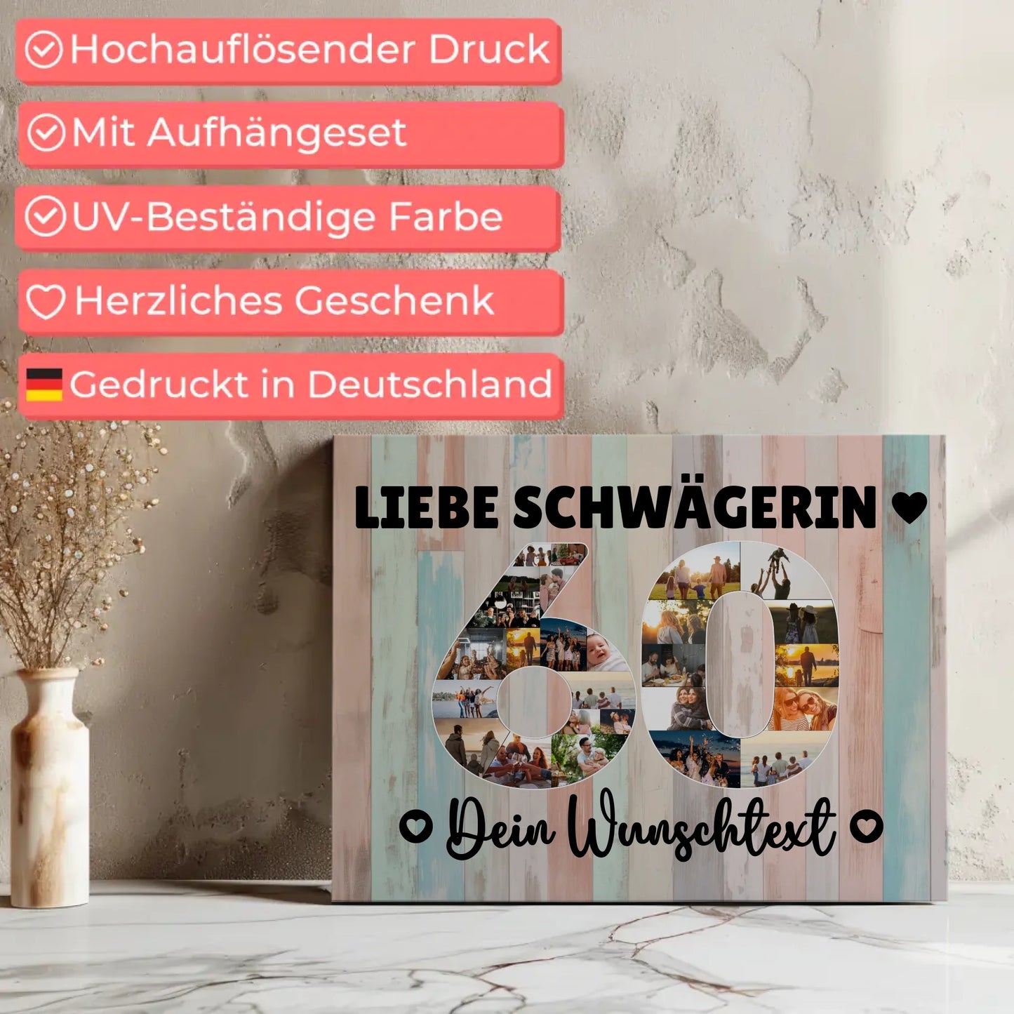 Personalisierte Fotoleinwand Wunschtext 60 Geburtstag Schwägerin