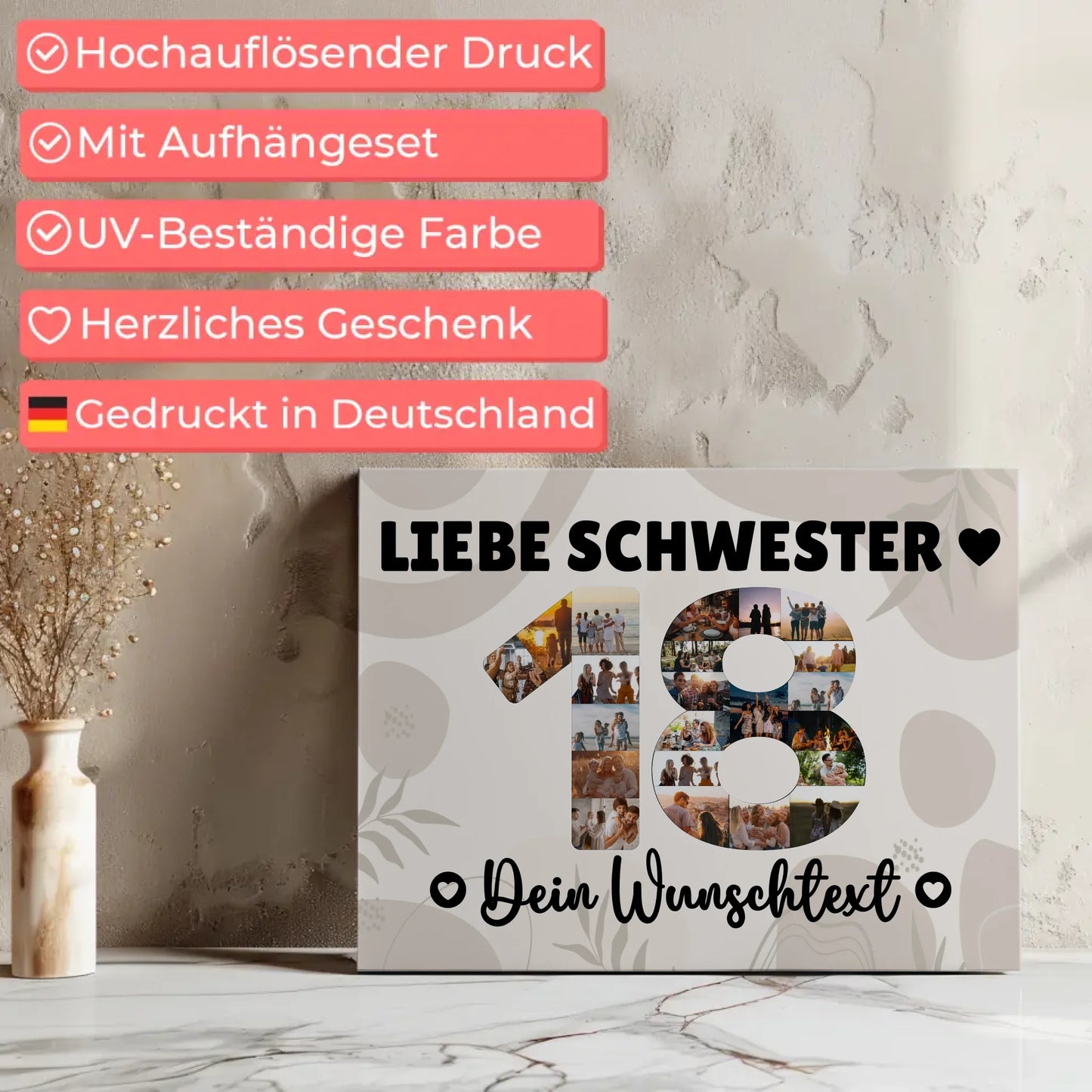 Personalisierte Fotoleinwand mit Wunschtext 18 Geburtstag Schwester