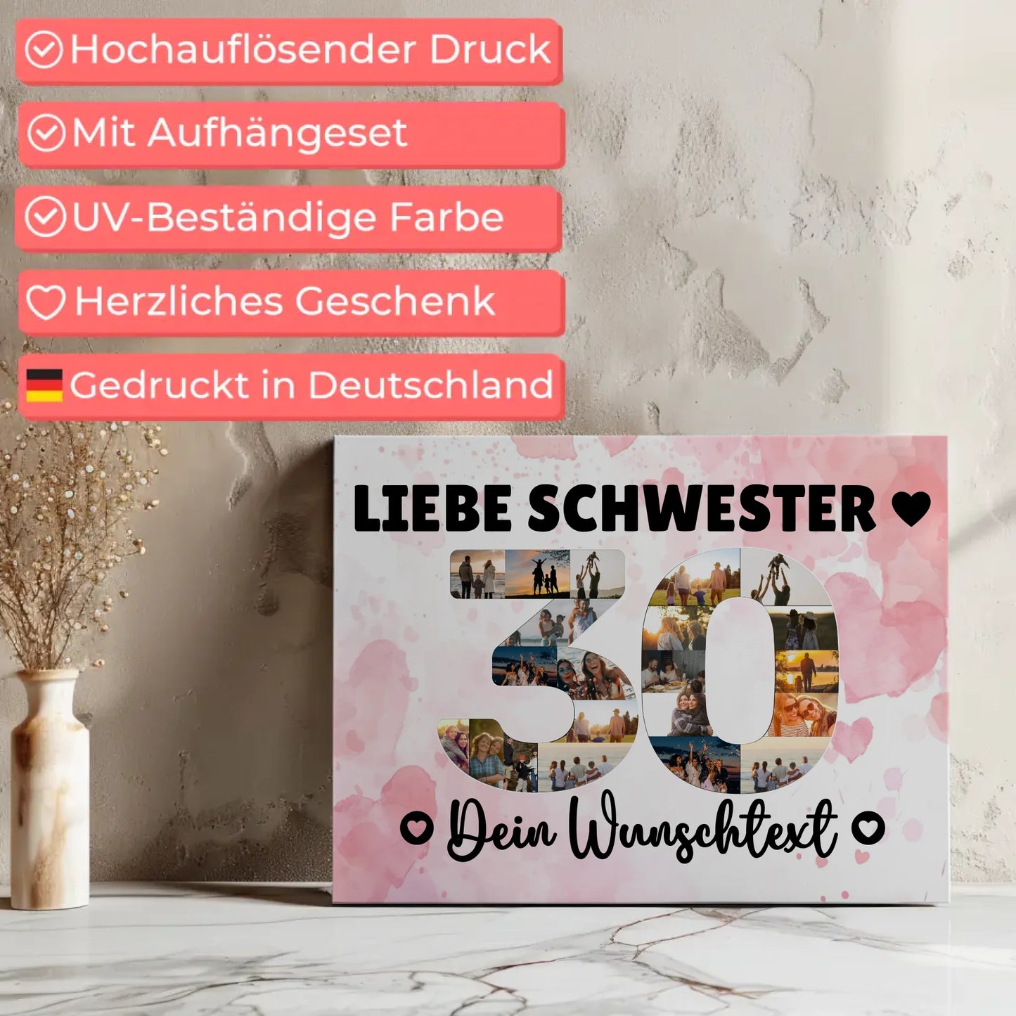 Personalisierte Fotoleinwand mit Wunschtext 30 Geburtstag Schwester