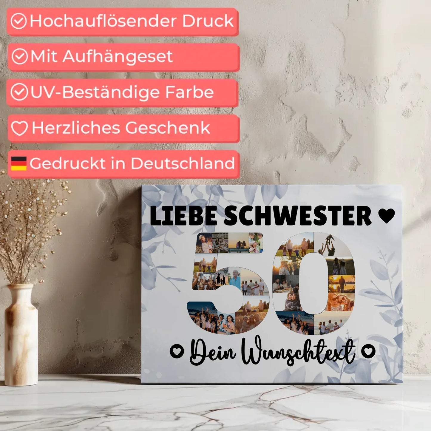 Personalisierte Fotoleinwand mit Wunschtext zum 50 Geburtstag Schwester