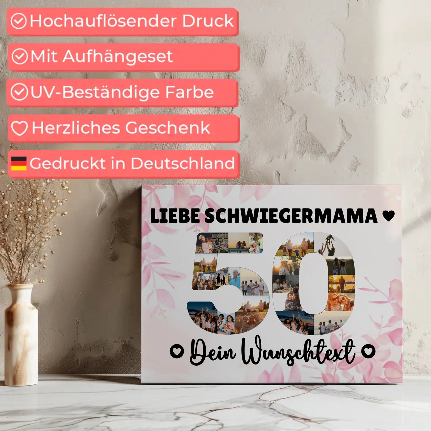 Personalisierte Fotoleinwand mit Wunschtext 50 Geburtstag Schwiegermama